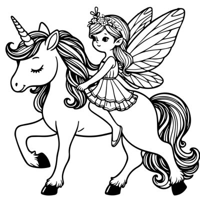 Eine Fee auf ihrem Einhorn