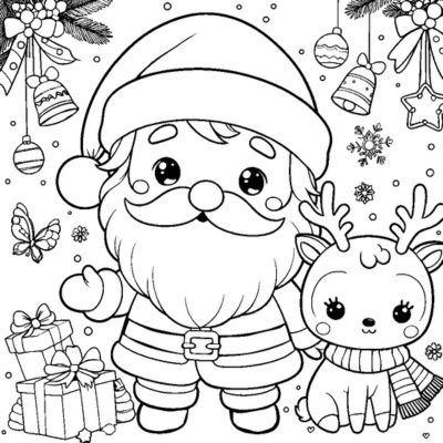 Kawaii Weihnachtsmann und kleines Rentier